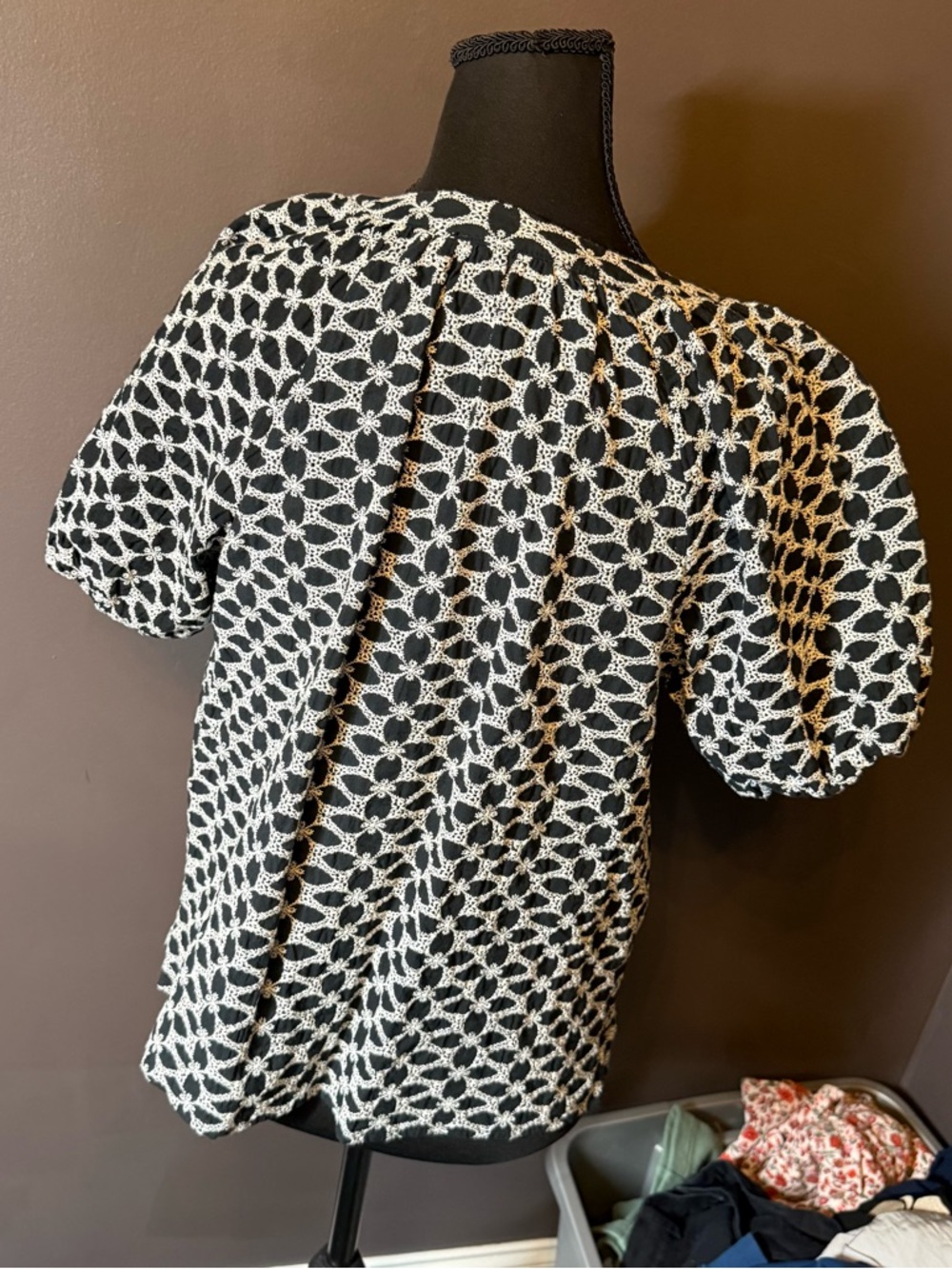 LOFT Black and White Tie-Neck Patterned Blouse - Picture 3 of 4